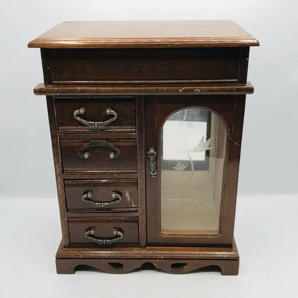 Vintage Wooden Jewelry Box Armoire Etched Glass, Wheel, 4 Drawers, 12.5x10x5 In